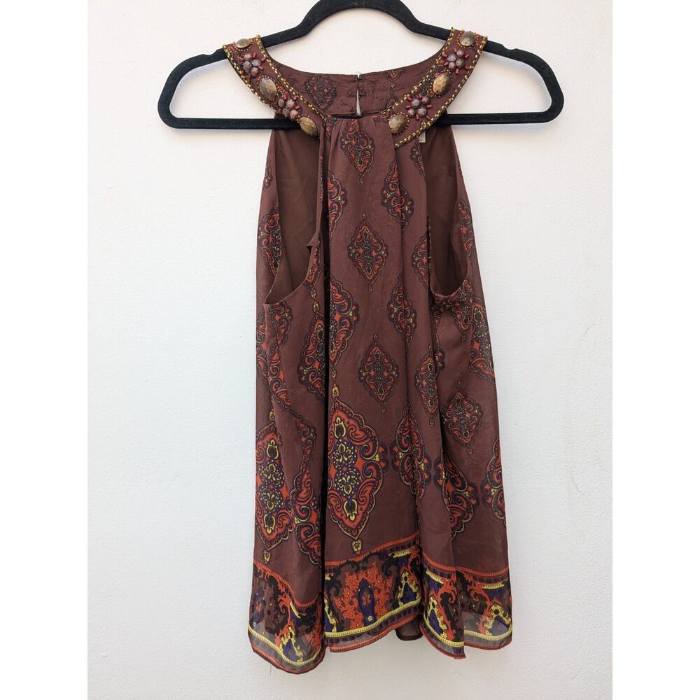 Eci New York Women's Blouse Top Geometric Beaded Brown Stones Size 10